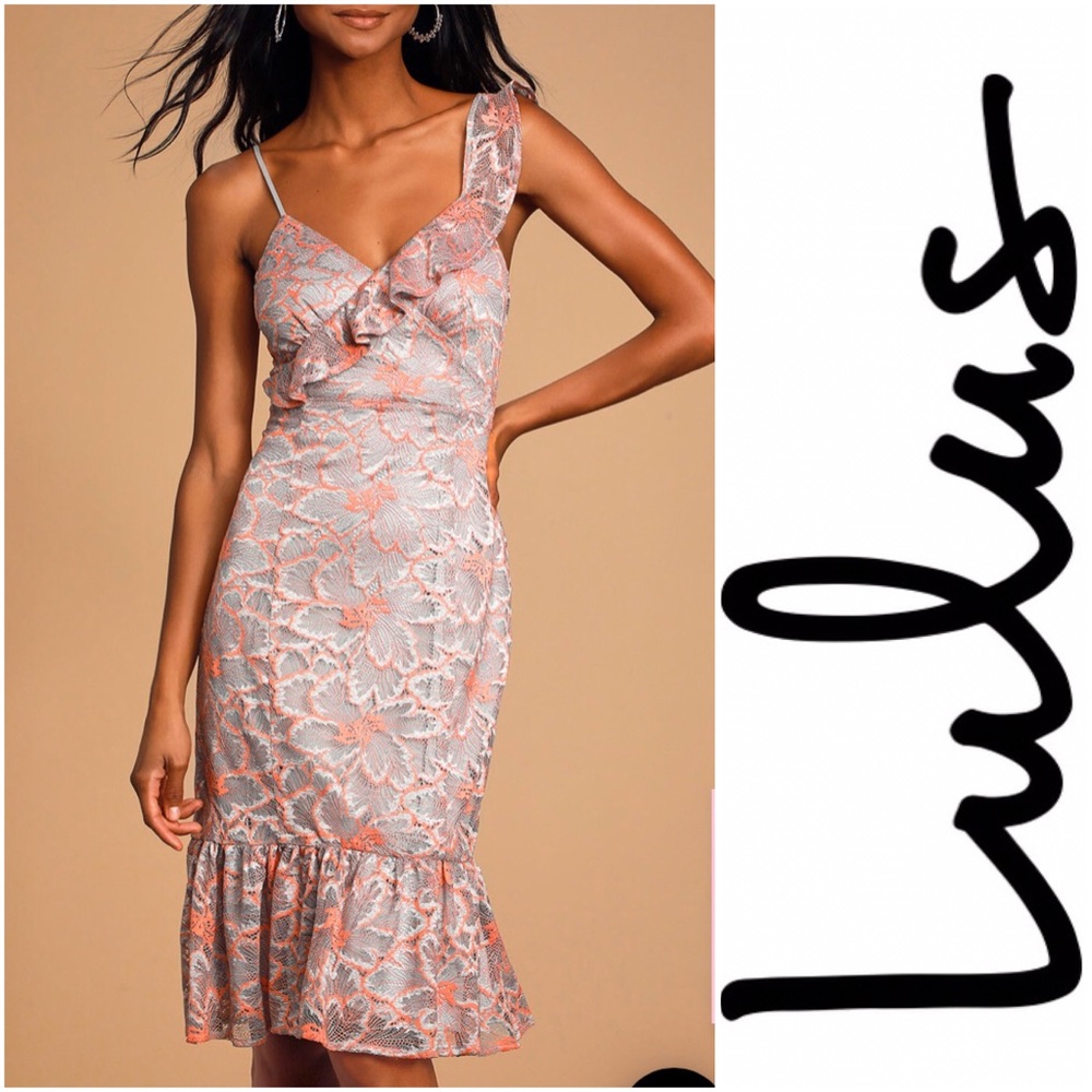 NWT LuLus Grey & Coral Ruffle Lace Midi Dress XL